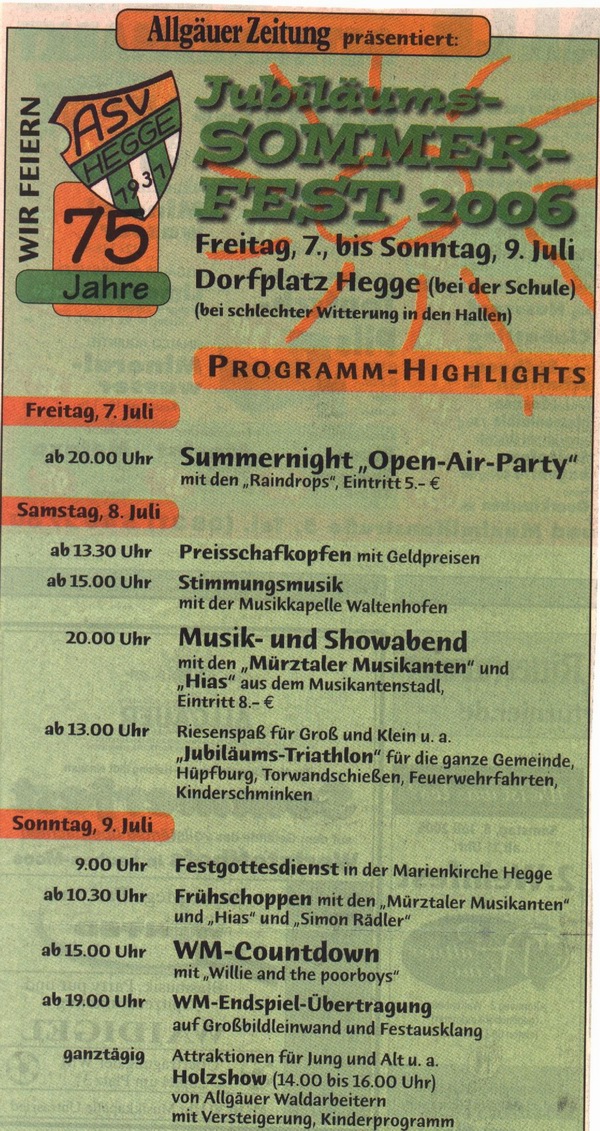 Printmedien vom 75-j�hrgem Fest des ASV Hegge 2006!